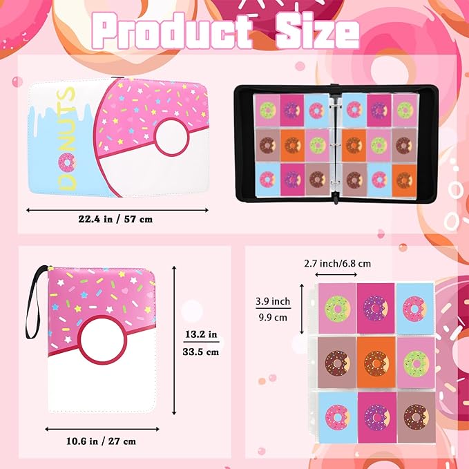 9 Pocket Card Binder 900 Card Holder Album, Pink Donut Trading Cards Holder Zipper Binder for Girl Teen Collection (Pink Donut, 900 Pocket)