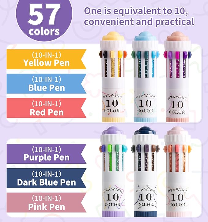 6 Park Multicolor Pens, 10-in-1 Colored Ballpoint Pen, 57 Colors, 0.8mm Fine Point Smooth Writing, Retractable Ballpoint Pens for Office School Students Children