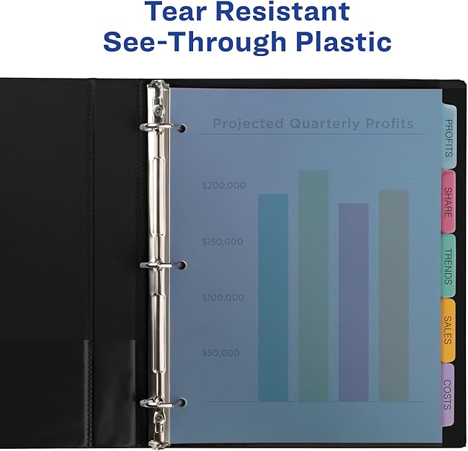 Avery 5 Tab Plastic Dividers for 3 Ring Binder, Easy Print & Apply Clear Label Strip, Index Maker Customizable Multicolor Tabs, 5 Sets (11452)