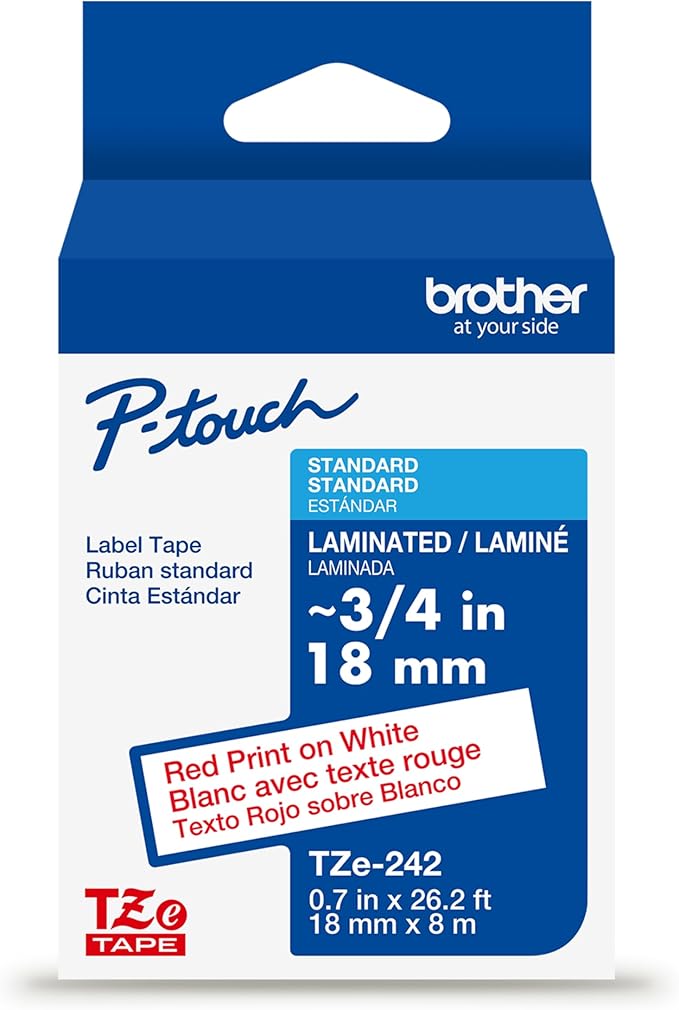 Brother Genuine P-Touch TZe Red Print on White Label Tape (TZe242), Laminated,3/4in x 26.2ft (18mm x 8m), for Select P-Touch Label Makers, Durable, Water-Resistant, Indoor/Outdoor Use