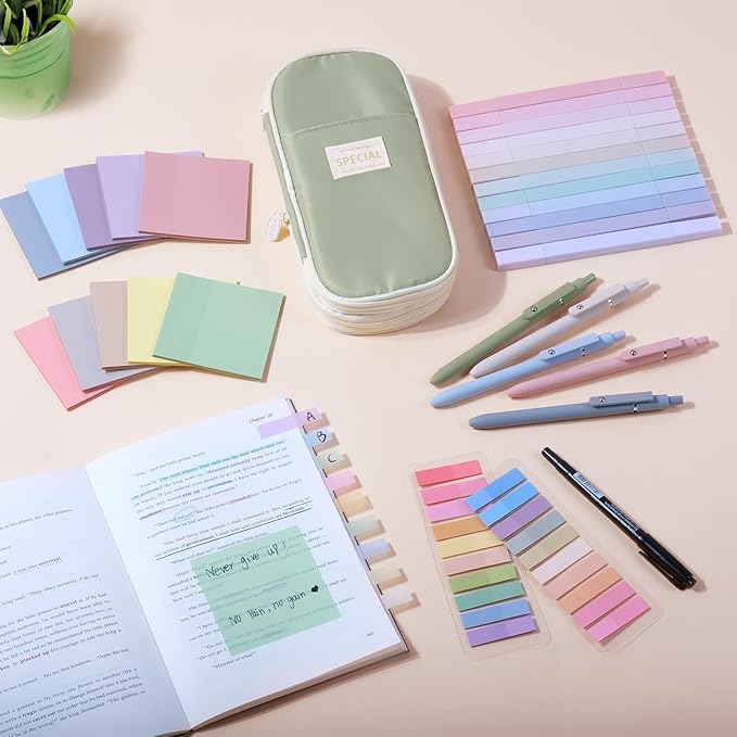 49Pcs Book Annotation Kit - Aesthetic School Supplies with Cute Pen Case Highlighters Gel Pens and Marker, Sheets Transparent Index Tabs Sticky Notes Bible Study Supplies(Green)