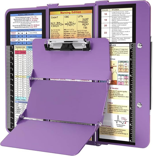Nursing Clipboard Foldable, Foldable Clipboard w/Nursing Edition Medical Charts, 3 Layers Aluminum, Nurse Clip Board w/Low Profile Clip&Pen Clip for Students, Nurses and Doctors, Purple