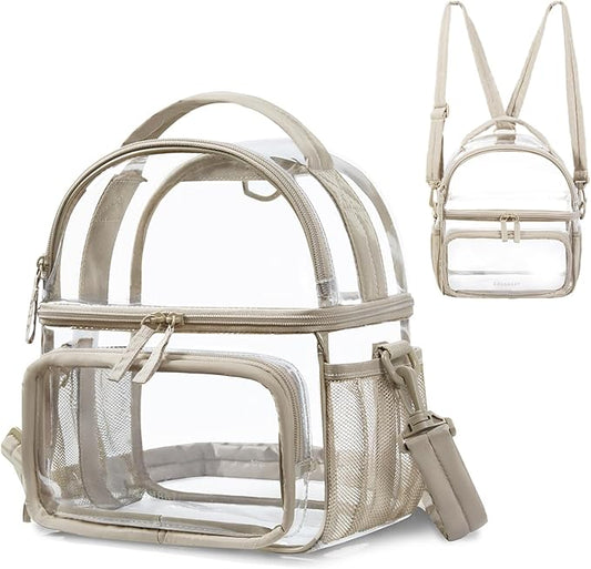 BAGSMART Stadium Approved Clear Bag 12"x6"x12", Double Deck Lunch Box, Convertible to Backpack, Waterproof PVC, Camel