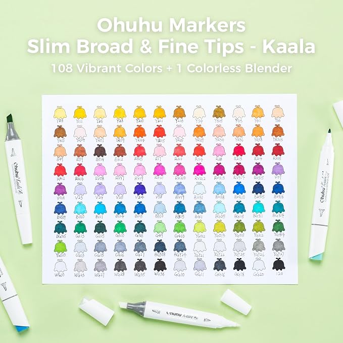 Ohuhu Alcohol Markers 108 Colors: Fine & Slim Broad Chisel Dual Tips Alcohol-based Refillable Art Markers for Artist Adult Coloring Book Illustration Drawing Manga 108 Set- Kaala