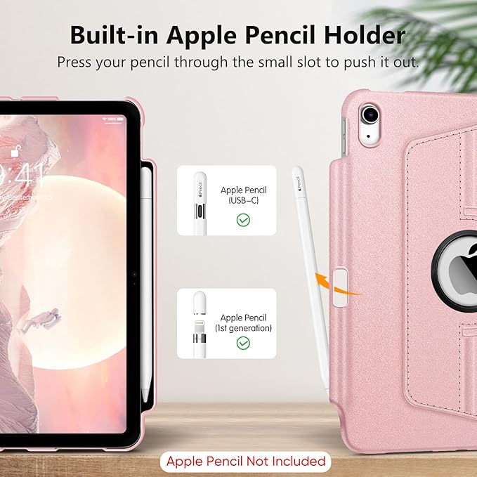 Fintie Rotating Case for iPad (A16) 11th Generation 11 Inch (2025), iPad 10th Generation 10.9 Inch (2022) - [Built-in Pencil Holder] 360 Degree Rotating Protective Stand Cover, Rose Gold