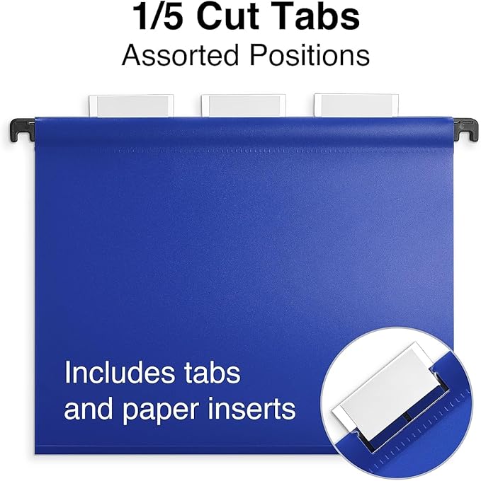 Staples Hanging File Folders, Letter Size, Assorted Colors, Water‑Resistant, 5‑Tab, Includes Tabs & Inserts – 20/Pack