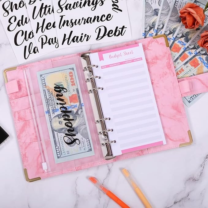 SKYDUE Budget Binder, Money Saving Binder with Zipper Envelopes, Cash Envelopes and Expense Budget Sheets for Budgeting (Mabblepink)