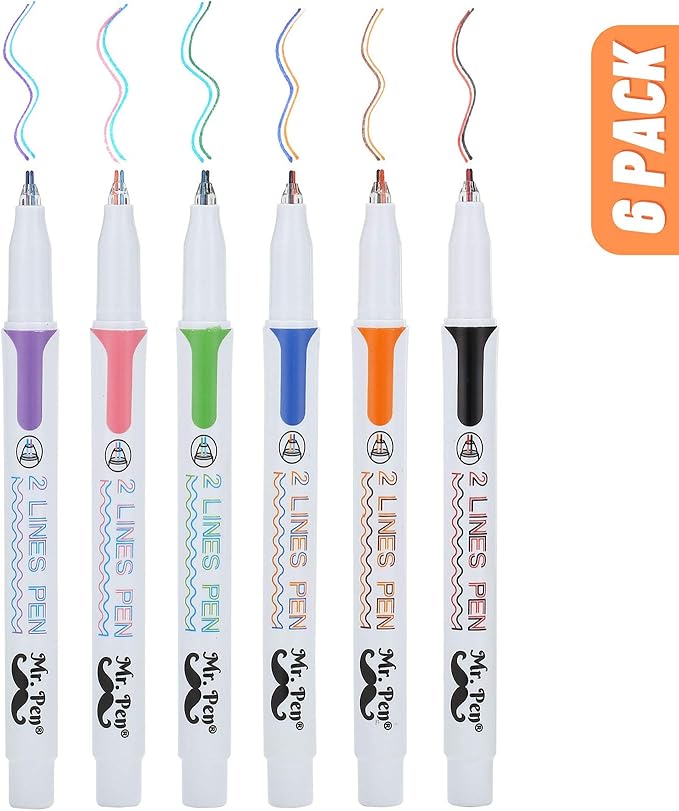 Mr. Pen- Double Line Pen, 6 Pack, Assorted Colors, Bible Journaling Pens, Outline Pen, 3-D Two Line Two Line Pens, Liner Pens for Drawing