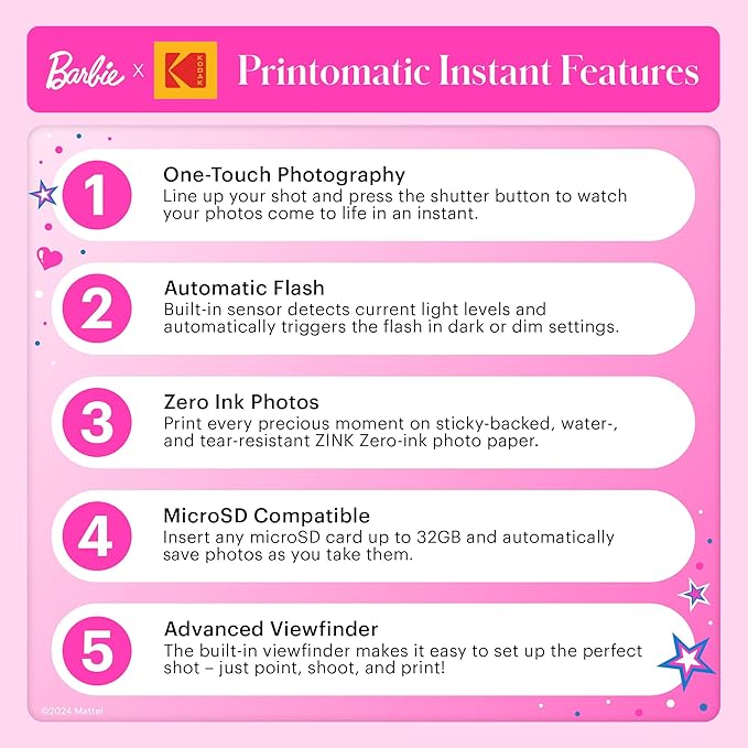 Kodak x Barbie Printomatic Full-Color Instant Print Digital Camera – 5MP Portable Barbie Camera - Colorful Photos On Zink 2x3 Sticky-Back Photo Paper – Fun Gift for Christmas Holiday - Iconic Style