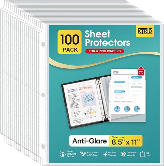 KTRIO 100 Pack Sheet Protectors for 3 Ring Binder, Non Glare Clear Page Protector, Plastic Document Sleeves Fits Standard 8.5 x 11 Paper, Top Loading, Acid Free