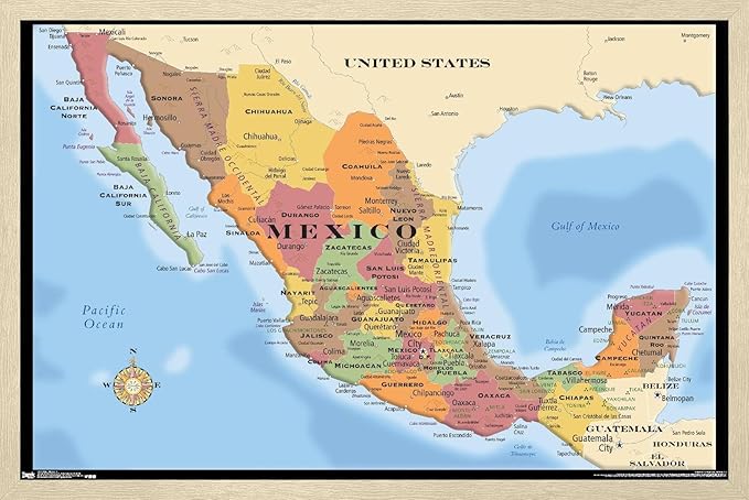 Map - Mexico Wall Poster, 22.4L" x 14.7W", Blonde Framed Version