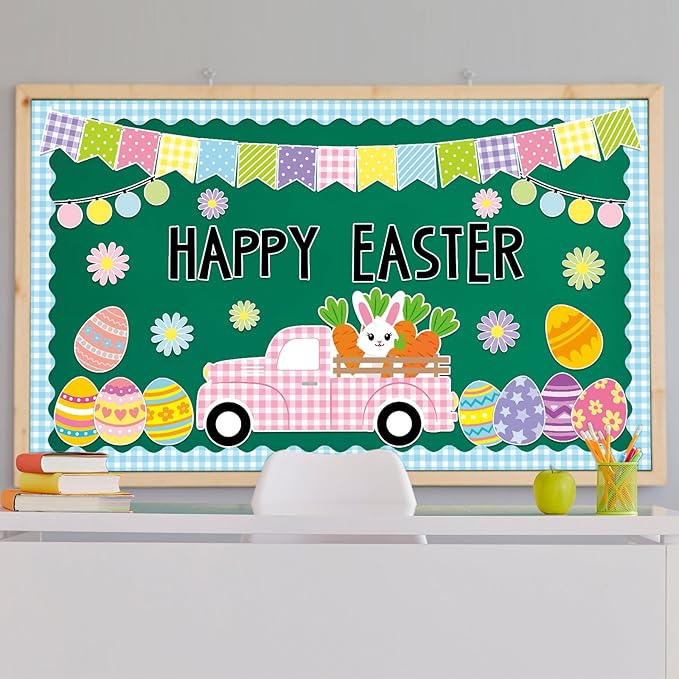 ZOiiWA 104 Pcs Easter Classroom Bulletin Board Decoration Happy Easter Bulletin Board Set Easter Truck Bulletin Board Set Easter Bunny and Eggs Cutouts for School Blackboard Nursery Home Wall Decor