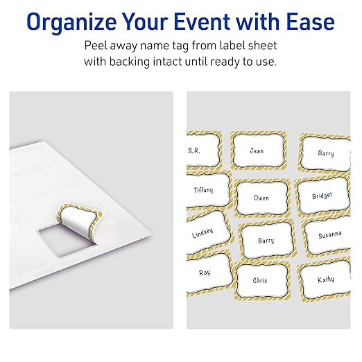 Avery Printable Adhesive Name Badges, 2-1/3" x 3-3/8", Pre-Printed Metallic Gold Zebra Pattern Design, Matte White, Laser & Inkjet Compatible, 80 Total
