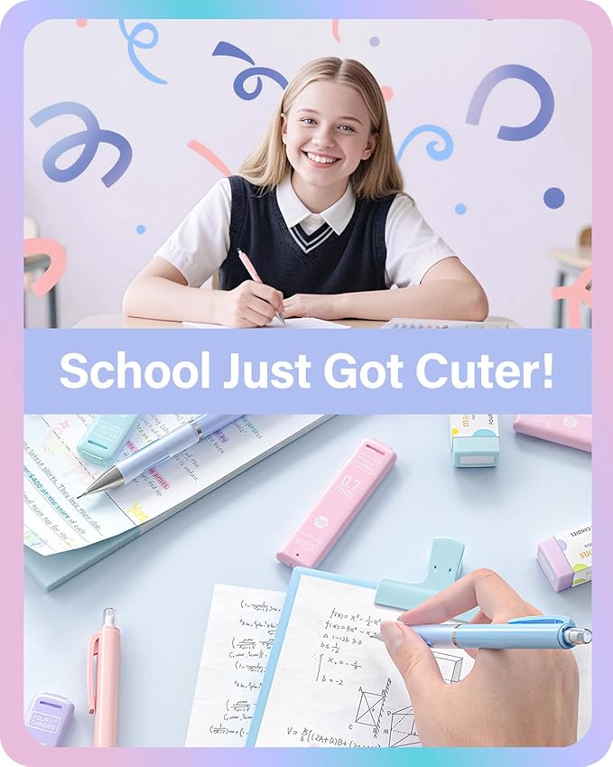 Four Candies Cute Mechanical Pencil Set, 6PCS Pencils 0.5 mm & 0.7mm with 360PCS Lead Refills, Pastel Erasers, Case for School Supplies