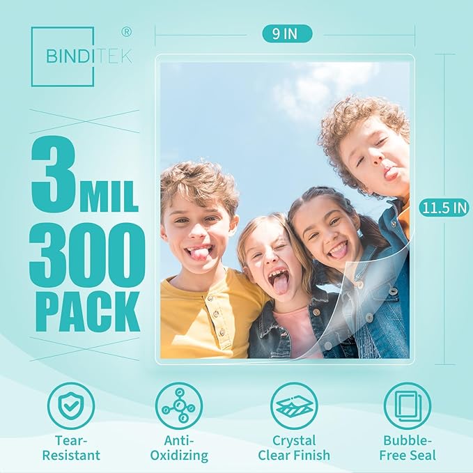 Binditek 300 Pack 3 Mil Thermal Laminating Pouches, 9x11.5 Inches Laminating Sheets, for Letter Size, Ultra Clear, Glossy, Hold 8.5x11 Inches, Heat Seal, School Office Supplies