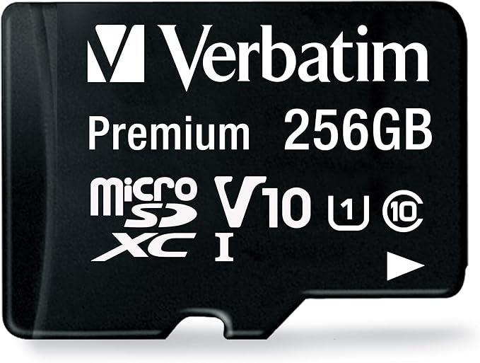 Verbatim 256GB Premium microSDXC Memory Card with Adapter UHS-I V10 Class 10 Supports Full HD (1080p) U1 Speed Rated Up to 100MB/s Read Speed