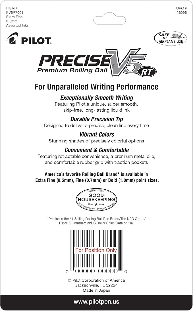 Pilot Precise V5 RT Refillable & Retractable Rolling Ball Pens, Extra Fine Point Pens, 0.5 mm, Assorted, Pack of 7 - Ideal for School, Journaling & Office Writing