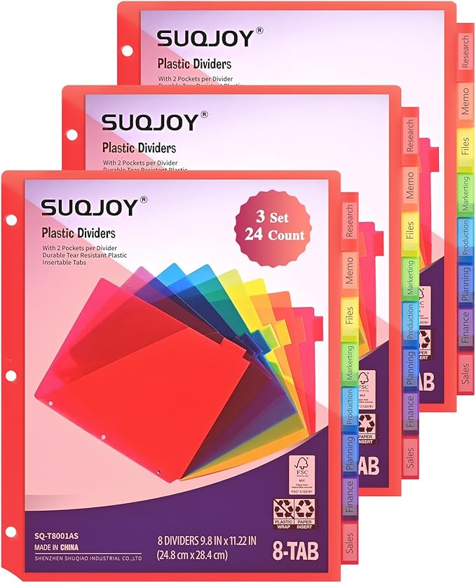 Binder Index Dividers with Tabs, 24 Count 3 Ring Binder Dividers with Pockets, 8 Tab Dividers for 3 Ring Binder, Plastic Sheet Protectors for US Letter Size, 8 Color Tab Dividers,3 Packs
