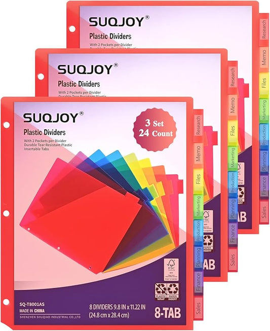 Binder Index Dividers with Tabs, 24 Count 3 Ring Binder Dividers with Pockets, 8 Tab Dividers for 3 Ring Binder, Plastic Sheet Protectors for US Letter Size, 8 Color Tab Dividers,3 Packs