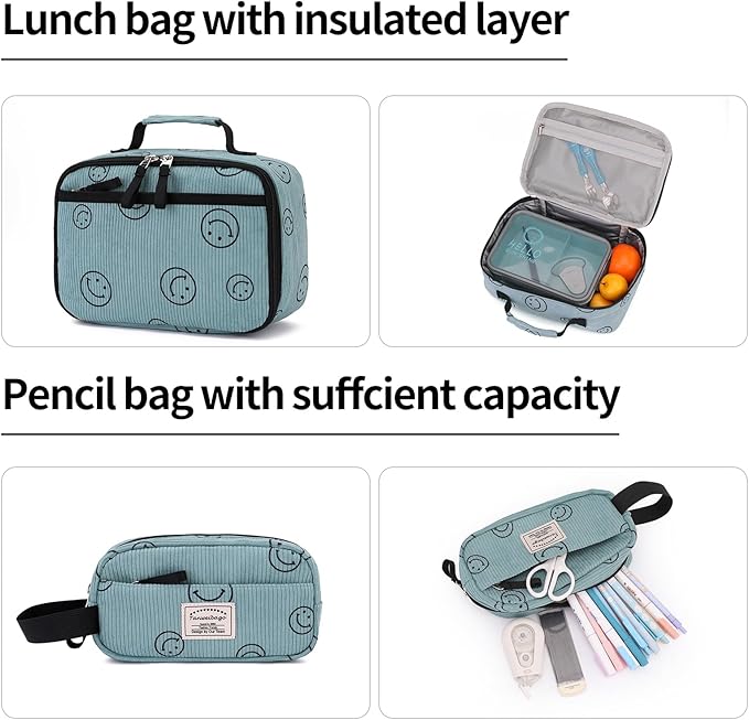 Backpack for Girls Boy Teen Corduroy Bookbags Elementary Middle High School Women Laptop Bag with Lunch Box Pencil Bag (Smile Green)