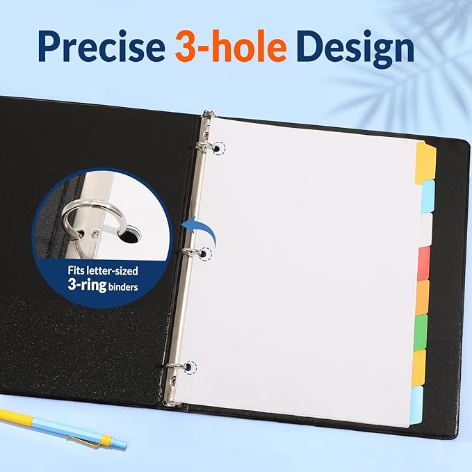 SUNEE Binder Dividers with Colorful Write On & Erase Tabs for 3 Ring Binder, 8.5 x 11 Paper White Reusable Dividers Blank with 8 Tabs, 12 Sets Page Dividers for School, Office and Home, 96 Dividers