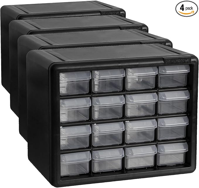 Akro-Mils 16-Drawer Plastic Cabinet for Garage Organization, Beads, Makeup Organizer, Building Bricks Storage, Teacher Toolbox, 10-1/2" W x 6-1/2" D x 8-1/2" H, 10716 Black (Pack of 4)
