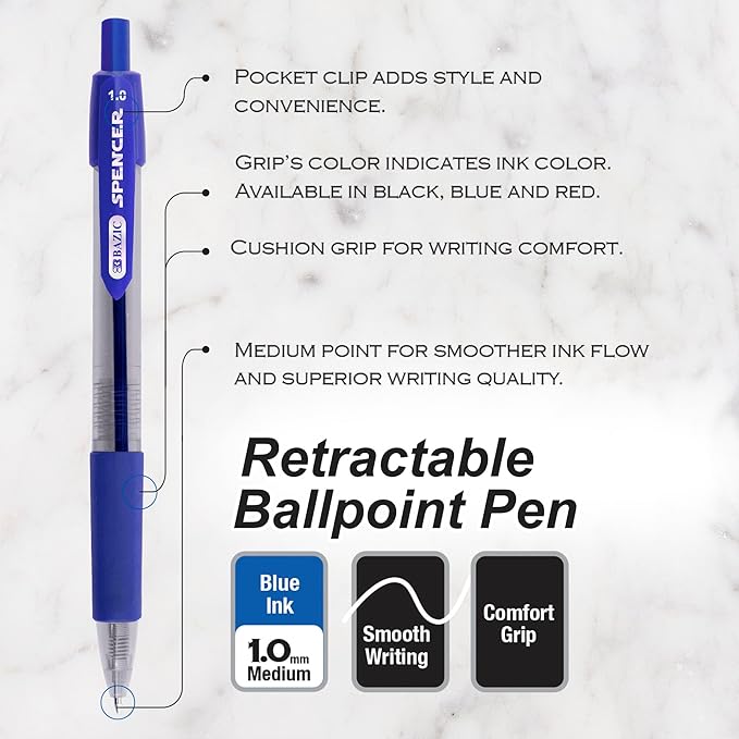 BAZIC PRODUCTS Gel Pens, Spencer Retractable Gel Pen, 1.0 mm Bold Tip for Smooth Writing for Office, School, or Teacher Use, Premium Writing Pens (5/Pack), 24-Pack