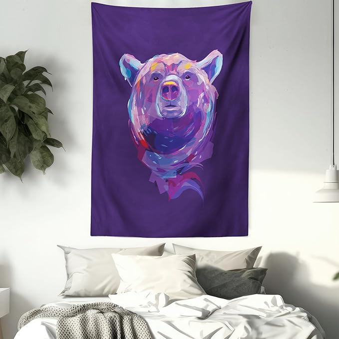 Ambesonne Bear Tapestry, Abstract Portrait with Digital Brushstrokes Wildlife Mascot Display, Wall Hanging for Bedroom Living Room Dorm Decor, 40" X 60", Purple Pink Sky Blue