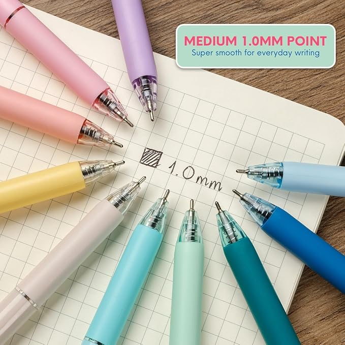 10-Count Retractable Ballpoint Pens, Black Ink, Medium Point 1.0mm, Pastel Color Barrels with Soft Contoured Grip|Christmas Gifts for Coworkers, Teachers, Friends