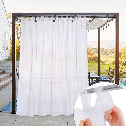 NICETOWN Outdoor Sheer Curtain for Pergola Waterproof, Lightweight Detachable Sticky Tab Top Voile Panel with Rope Tie Back for Gazebo/Patio, 1 Pack, 100 Inch Wide by 96 Inch Long, White