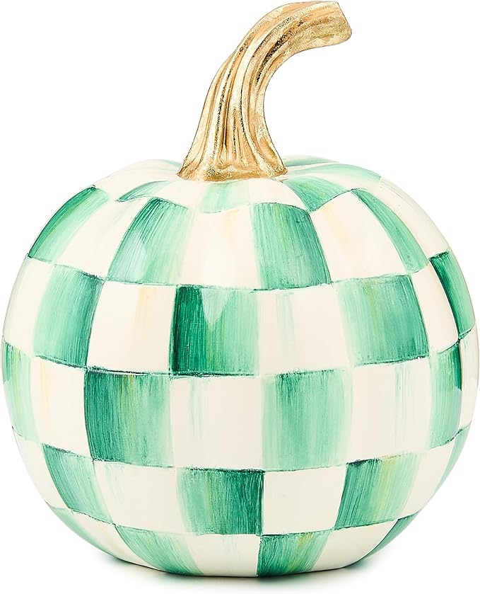 MACKENZIE-CHILDS Pumpkin, Resin Halloween and Fall Decor, Mini, Green-and-White Emerald Check