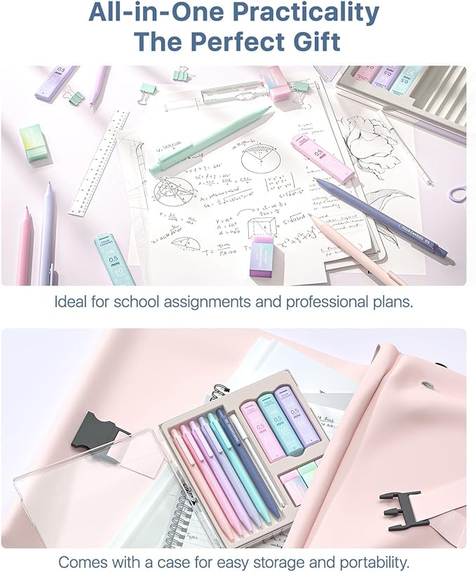 Four Candies Mechanical Pencils 0.5, with HB & 2B Lead Refills 0.5mm, Pastel Eraser Set & Eraser Refills, 16-Count Pack with Case, Cute Aesthetic School Supplies for Writing, Drawing and Drafting