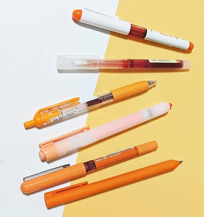 Orange and Black Ink Gel Pens Set with Journaling Highlighter, Fine Point 0.5mm Cute Colorful Gel Ink Pens for Office School, Note Taking, 5 Orange Ink, 1 Black Ink