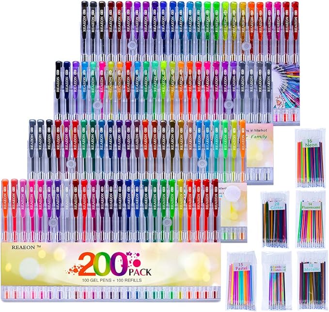 Gel Pens, Reaeon 200 Pack Pen with Case for Adult Coloring Books, 100 Color Markers Plus 100 Refills for Drawing Painting Writing.