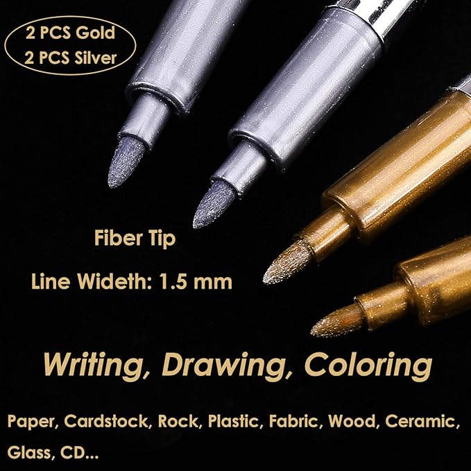 Dyvicl Metallic Markers Pens - Silver and Gold Paint Pens for Black Paper, Glass, Rock Painting, Halloween Pumpkin, Card Making, Scrapbook Album, Christmas DIY Art Craft Kids, Set of 4