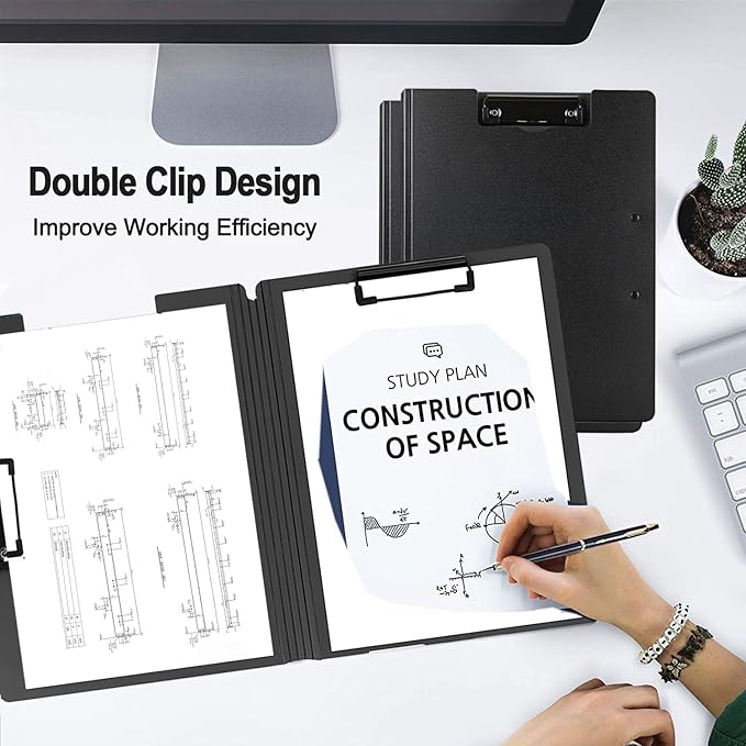 2 Pack Foldable Clipboards, A4 Office Clipboard Folder with Double Metal Clips, 360 Degree Foldable Binder Clipboard with Pen Holder, File Cover Work Folder Clipboards, Black