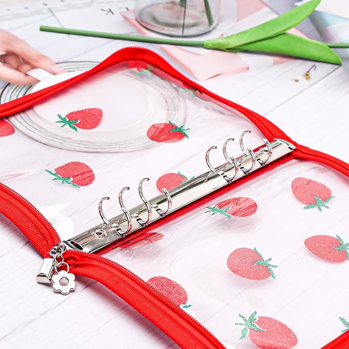 AxeWoodz Red A5 Zipper Binder Clear Refillable Notebook Shell Cute Strawberry Lace Cover 6 Ring PVC Binder Cover for Photocard Planner Journal Photo Album