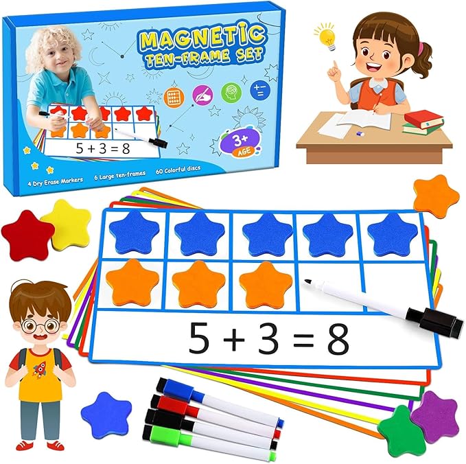 LOOIKOOS Magnetic Ten-Frame Set,Math Manipulative Games for Kids Number Counting Games,Montessori Educational Toy for Kindergarten Preschool 3 4 5 Year Old