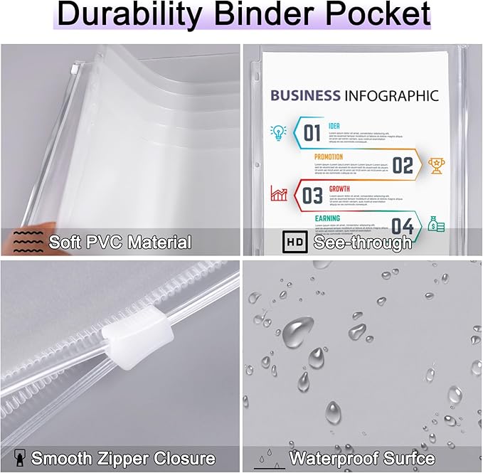 Antner 12 Pack Letter Size Binder Pockets 3 Holes Zipper Binder Folders for 3-Ring Binder, Clear PVC Loose Leaf Bag Binder Pouch Insert Pages Sheet Protectors Waterproof Document Filling Storage Bags