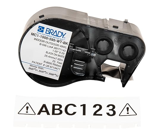 Brady - MC1-1000-595-WT-BK Official (MC-1000-595-WT-BK) High Adhesion Vinyl Label Tape, Black on White - Designed for BMP41, BMP51 and BMP53 Label Printers - 25' Length, 1" Width
