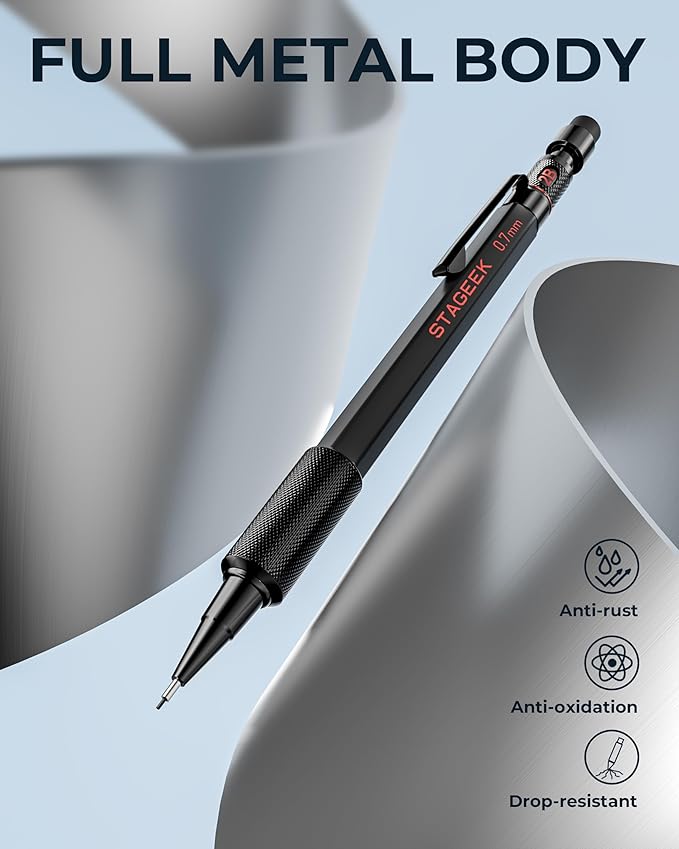 0.9mm Mechanical Pencil Set, 3PCS Metal Mechanical Pencils 0.9mm with 6 Tubes HB & 2B Lead Refills,Erasers, Weatherproof Artist Pencils with Case for Outdoor Writing Drafting Drawing
