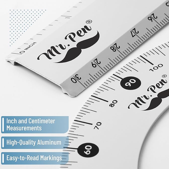 Mr. Pen Metal Geometry Kit - 4Pack Set Square, Protractor, Aluminum Ruler, Drafting Triangles
