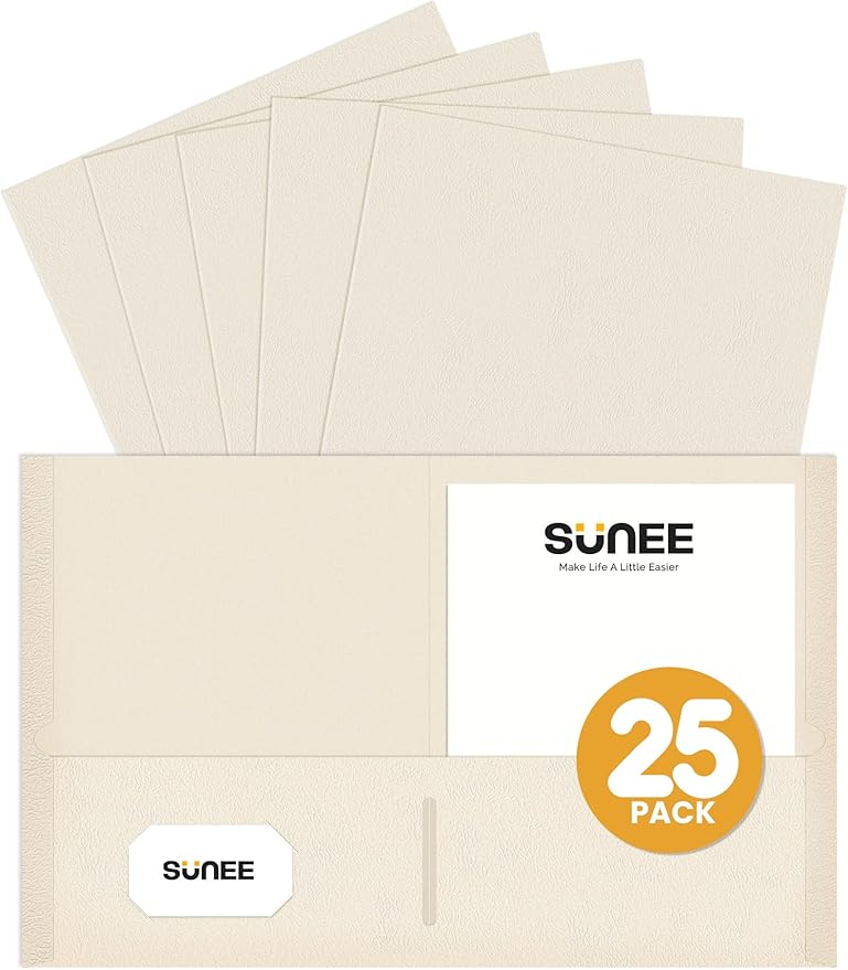 SUNEE Folders with Pockets (25 Pack, Warm Beige), 2 Pocket Folders Fit Letter Size, Paper File Folder for School Office Home Business, Textured Paper
