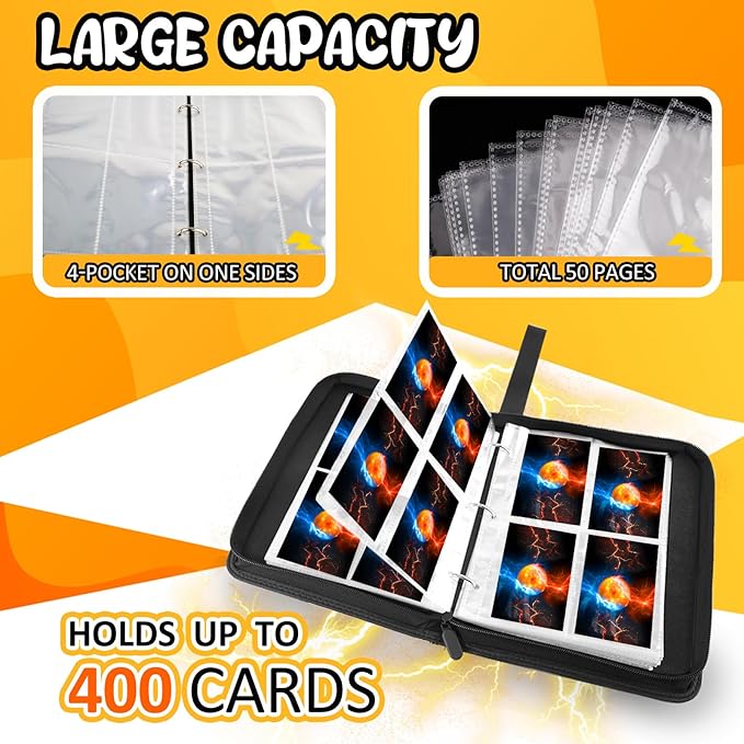 400 Pocket Trading Card Binder with 50 Removable Sleeves, Portable Zippered Card Holder, Collection Album Book Case Storage for MTG, TCG, Sports, Game Cards (Yellow Ball)