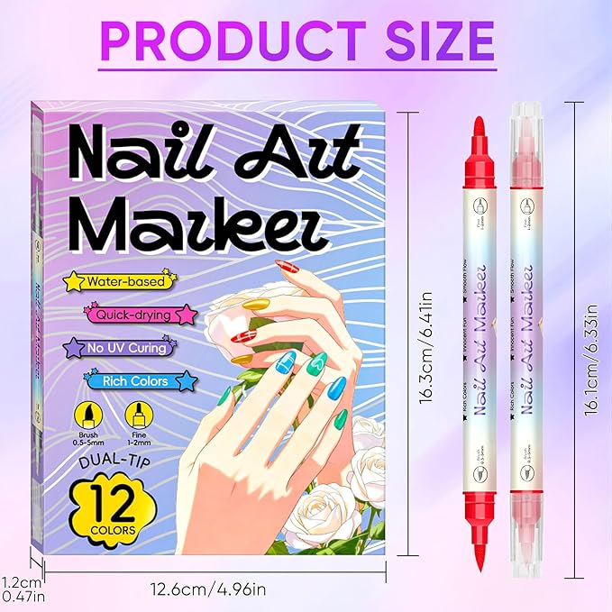 12 Colors Nail Art Pens Set, Nail Art Markers for 3D Nail Art, Nail Art Pens for Painting Nails Art Marker Drawing Painting Liner, Nail Polish Pens for DIY Nail Art Beauty Adorn Manicure Tools