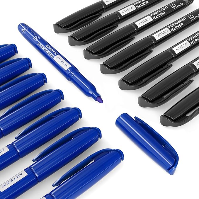 ARTEZA Permanent Markers in Bulk, Set of 60, Black & Blue, Fine Tip