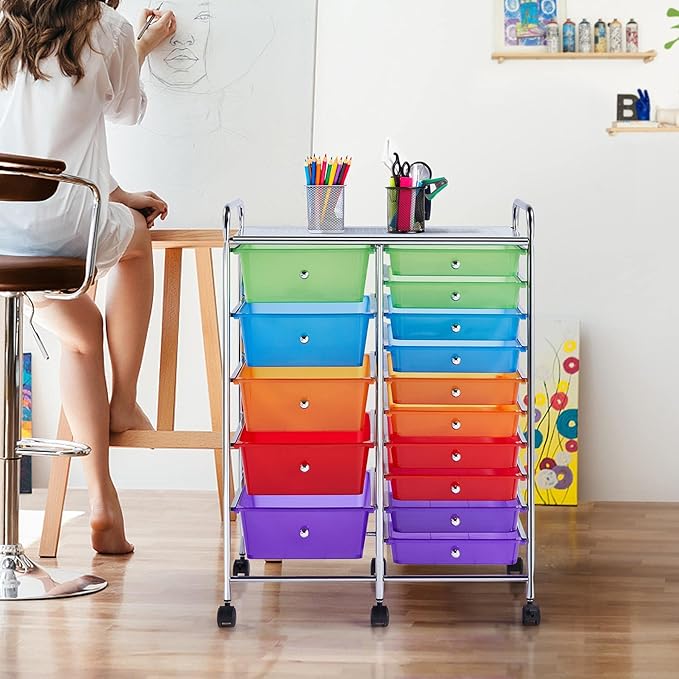 Yaheetech 15 Drawers Rolling Storage Cart Multipurpose Mobile Rolling Utility Storage Organizer Cart Tools Scrapbook Paper Organizer on Wheels, Multicolor