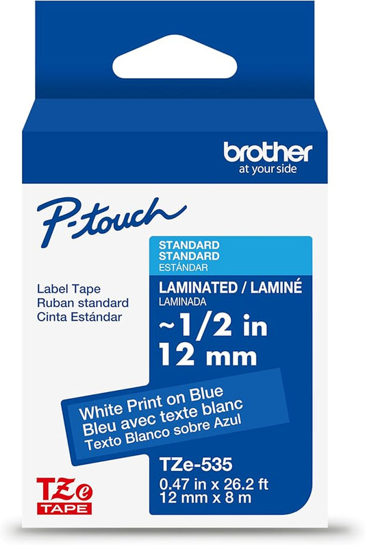 Brother Genuine P-Touch TZe White Print on Blue Label Tape (TZe535), Laminated,1/2in x 26.2ft (12mm x 8m), for Select P-Touch Label Makers, Durable, Water-Resistant, Indoor/Outdoor Use