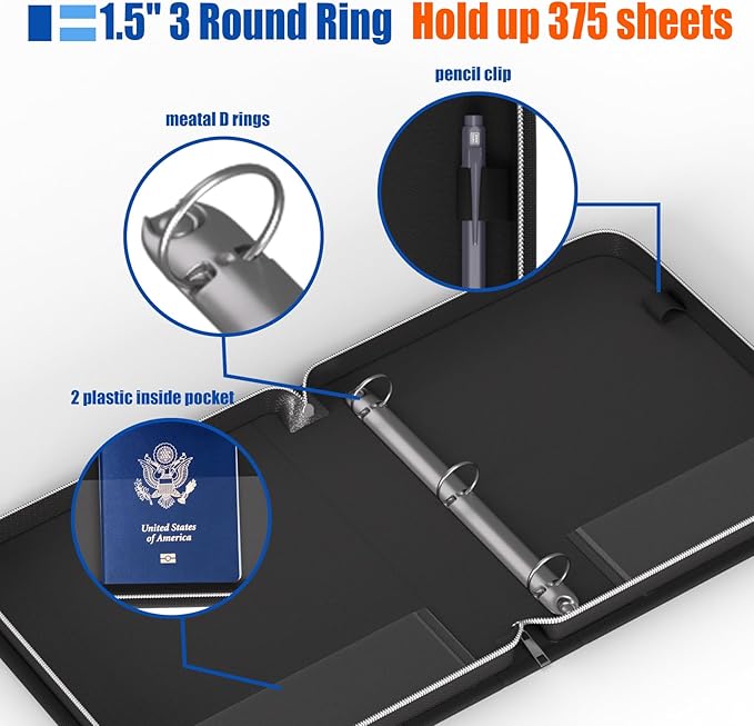 Fireproof 1.5" 3 Ring Binder with Zipper, 2 Interior Pockets, 1 Pen Holder, Reflective Strip, Hold 375 Sheets of US Letter/A4 Size for Office/Home/School Provide 5 Pockets A4, 40 Pockets Album(Black)