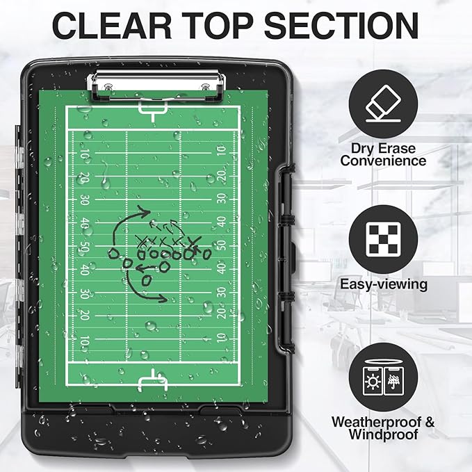Sooez Original Clipboard with Storage & Pen Holder, Heavy Duty Clip Boards 8.5x11 with Dual Storage, Clearview Dry Erase Coach Clipboard with Real Hinge, High Capacity, School & Office Supplies
